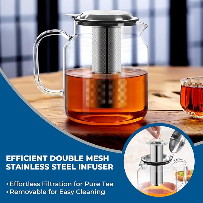 Aquach 85oz Glass Teapot with Stainless Steel Removable Infuser, Stovetop & Dishwasher Safe, Ideal for Brewing Loose Leaf & Blooming Tea