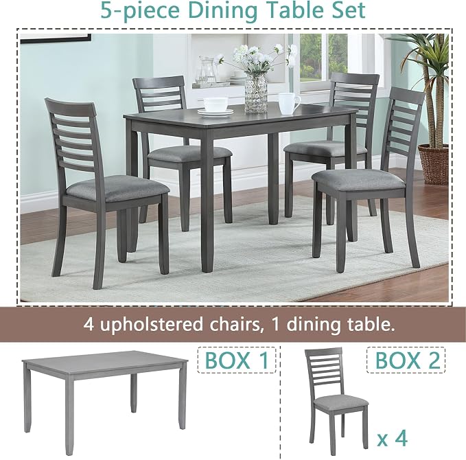 5-Piece Dining Table Set for 4, Kitchen Dining Table with 4 Soft Cushioned Solid Wood Chairs, Ideal for Home or Restaurant Use.(Gray_Medium) - Image 8