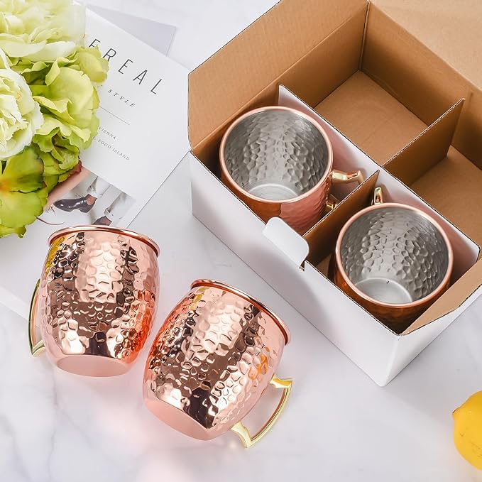 Amrules Moscow Mule Mugs Set of 4, 16 OZ Hammered Copper Cups with 304 Stainless Steel Lining and Gold Brass Handles, for Cold Drinks, Beer, Wine, Bars, Parties - Image 7