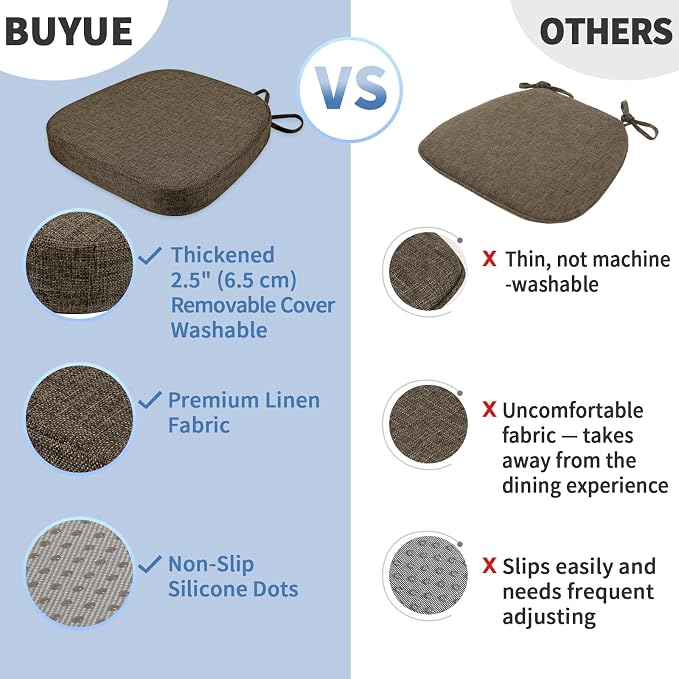 BUYUE Thickened 2.5" Friendly Woven Fabric Dining Chair Cushion, U-Shape High Density Foam Comfortable Chair Pad for Kitchen, Slip Resistant Indoor Seat Cushion (1 Piece, Brown) - Image 6