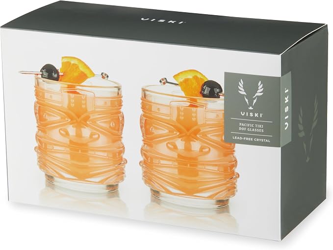 Viski Pacific Tiki Glasses Stackable Lowball DOF Tumblers, Tropical Cocktail and Bar Gifts for Rum and Whiskey, 12 Oz, Set of 2 - Image 13