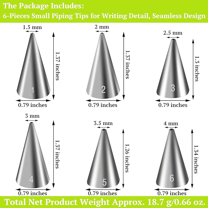 Suuker 6 Pieces Round Piping Tips Set, Stainless Steel Icing Tips Cupcake Frosting Nozzles Small Cake Decorating Tip, Cake Writing Tool for Easy Cake Cupcake Dessert Cookies Decorating