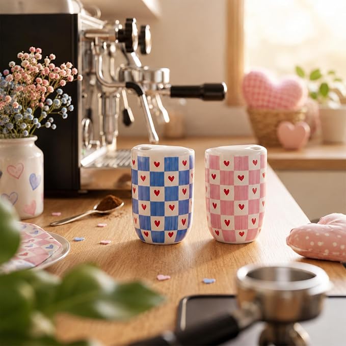 Hushee 2 Pack 16 oz Ceramic Coffee Mugs with Sip Hole, Retro Hand-painted Ceramic Travel Mug, Cute Blue Pink White Hearts Plaid Design, Microwave & Dishwasher Safe, Ideal Gifts for Coffee Lovers - Image 6