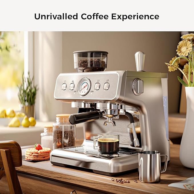 Kismile Espresso Machine with Grinder, 20 Bar Automatic Espresso Maker with Milk Frother Steam Wand, Removable Water Tank for Latte & Cappuccino, Professional Coffee Machine for Home