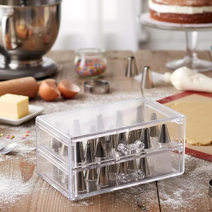 Double Layer Piping Tip Box with 100 DIY Flower Nails 72 Small Piping Tips Drawer Baking Cake Supplies Decoration Tool Storage Box