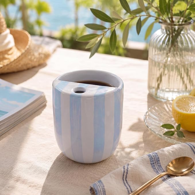 Ceramic Coffee Mug with Sip Hole 10 oz Retro Espresso Cup with Half Lid Hand Painted Blue Striped Porcelain Coffee Tea Cup for Kitchen Office Travel Tea Cappuccino Latte Daily Use Gift - Image 7
