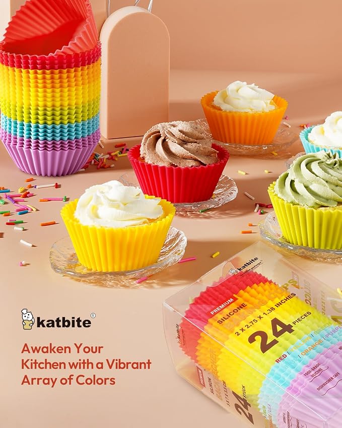 Katbite Silicone Cupcake Liners 24 Pack, Reusable Muffin Baking Cups | Heavy Duty, Non-Stick, Food-Grade Soft Pale Cupcake Holders for Party, Halloween, Christmas - Image 7