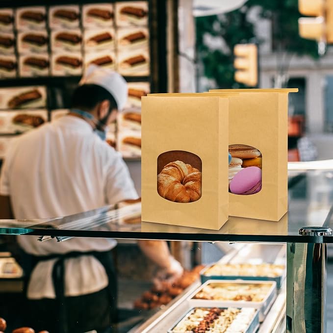 Bakery Bags 9.6x6.1x2.7" Brown With Window - 50 Pieces Kraft Paper Tin Tie Tab Lock for Cookies - Free Stickers Included - Image 7
