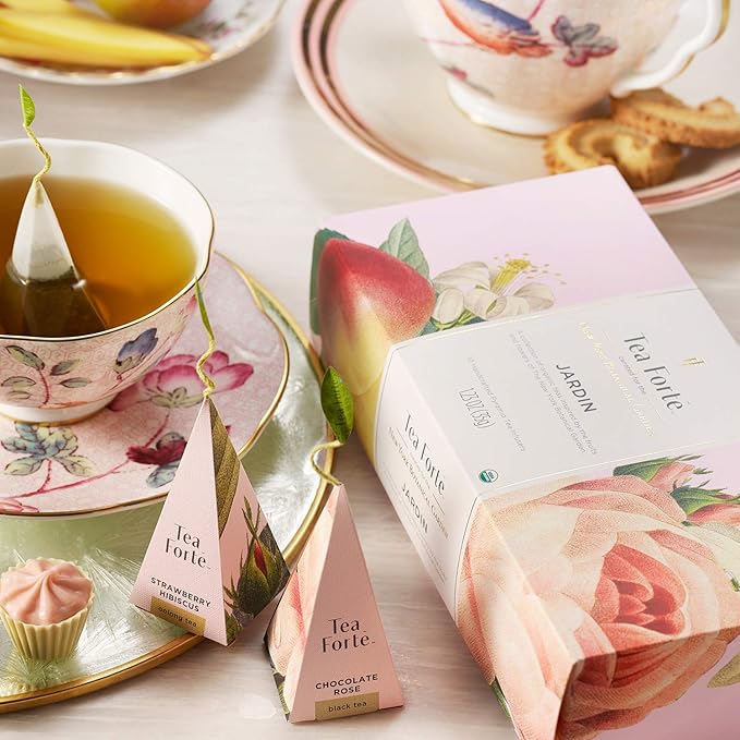 Tea Forte Jardin Organic Fruit, Herb and Flower Teas, Petite Presentation Box Tea Gift Set Sampler, 10 Count, 2 of Each Variety Individually Wrapped Handcrafted Pyramid Infuser Bags