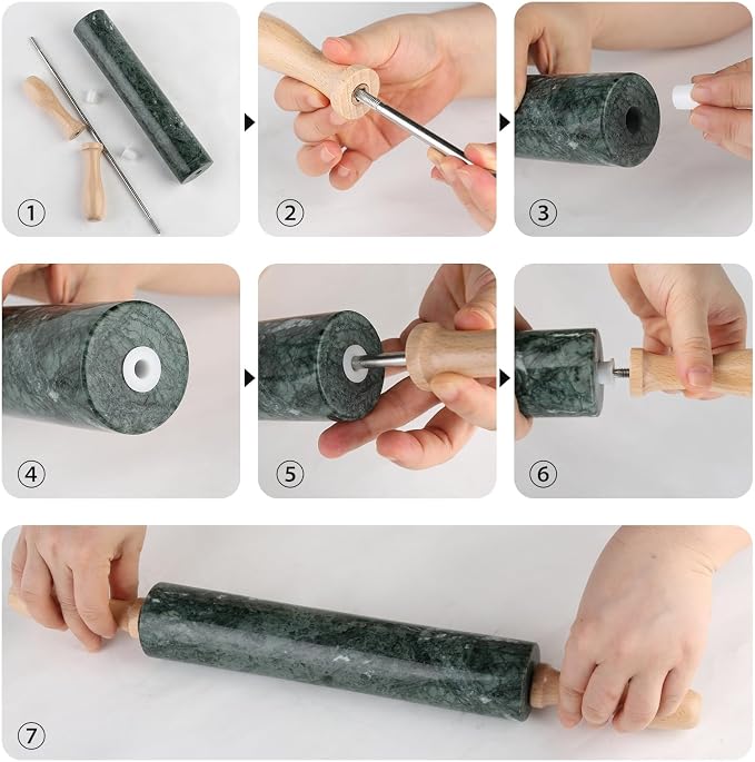 Indian Natural Marble Rolling Pin, Non-Stick Polished Dough Roller, Pasta, Dumpling, Fondant, Pie Crust, Bread, Pizza Dough, Kitchen Baking Pastry Tools with Mat/Scraper(Indian Green) - Image 8