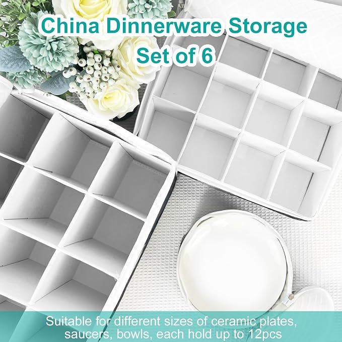 China Dinnerware Storage Containers Set- Dish,Mug,Stemware Storage Cases - Quilted Box Bins Stackable with Divider,handles,Clear Window for Cups,Plates,Wine Glasses Moving Set of 6 (Black) - Image 7