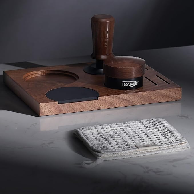 IKAPE 53MM Espresso Tamper Kit 5 IN 1, Wooden Coffee Tamper Set, Coffee Tamper, Distributor, Coffee Base, Puck Screen, Cleaning Towel - Essential for Baristas, Crafted from Durable Walnut Wood