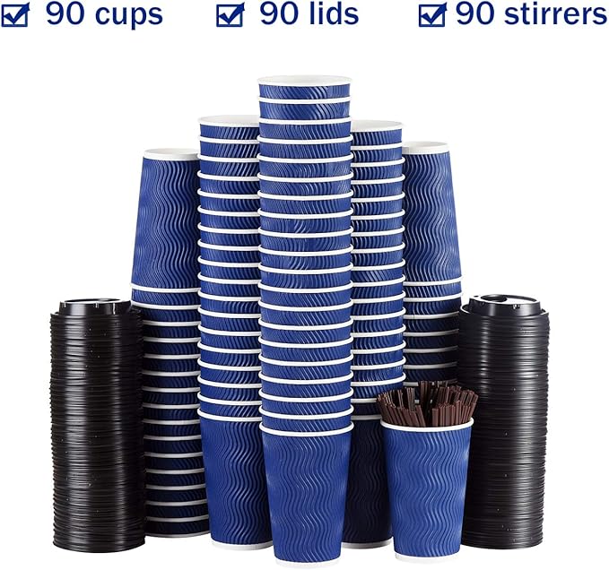 Disposable Coffee Cups with Lids and Straws - 16 oz (90 Set) Togo Hot Paper Coffee Cup with Lid To Go for Hot/Cold Beverages Espresso Tea Insulated Reusable Cold Drinks Ripple Cups Protect Fingers!