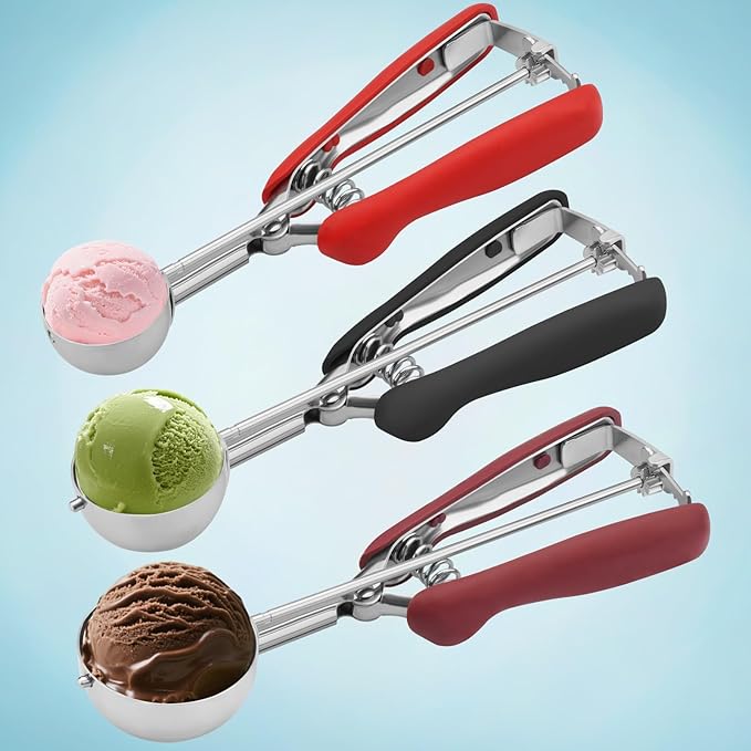 Cookie Scoops for Baking Set of 3, 18/8 Stainless Steel Ice Cream Scoop, 1 Tbsp/2 Tbsp/3 Tbsp Cookie Dough Scoop, Red/Black/Burgundy Non-slip Grip, for Cookie Cupcake Muffin Ice Cream