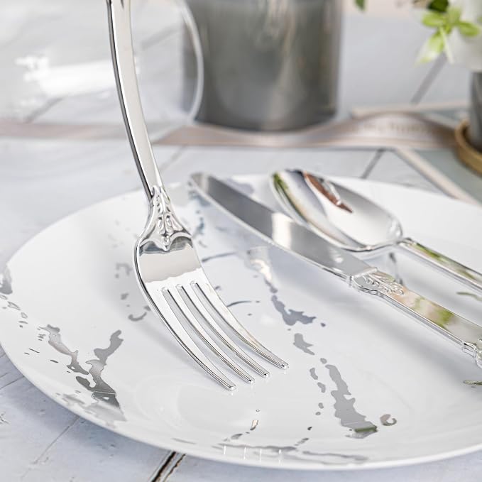N9R 300PCS Silver Plastic Silverware, Vintage Disposable Utensils & Cutlery | 100 Fancy Forks, Spoons, Knives, Heavy Duty, BPA-Free, for Party, Weddings, Birthday & Holiday - Image 6