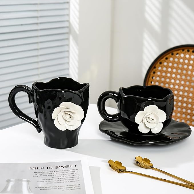 Ceramic Cute Coffee Cups, Handmade Flower Tea Mugs, Gifts for Milk Coffee Tea Lovers 11OZ - Image 6