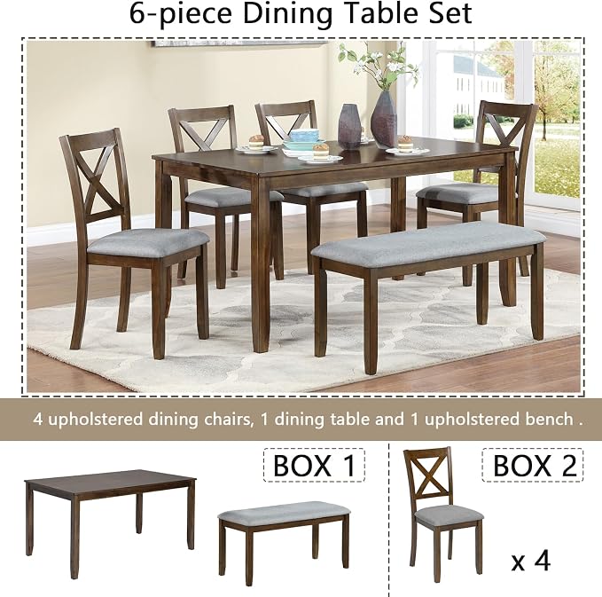 6-Piece Dining Table Set with Bench and Chairs - Solid Wood Kitchen Dining Room Table Set in Farmhouse Rustic Style, Table Set for 6 with 4 Chairs and Bench Seat.(Walnut_Large) - Image 8