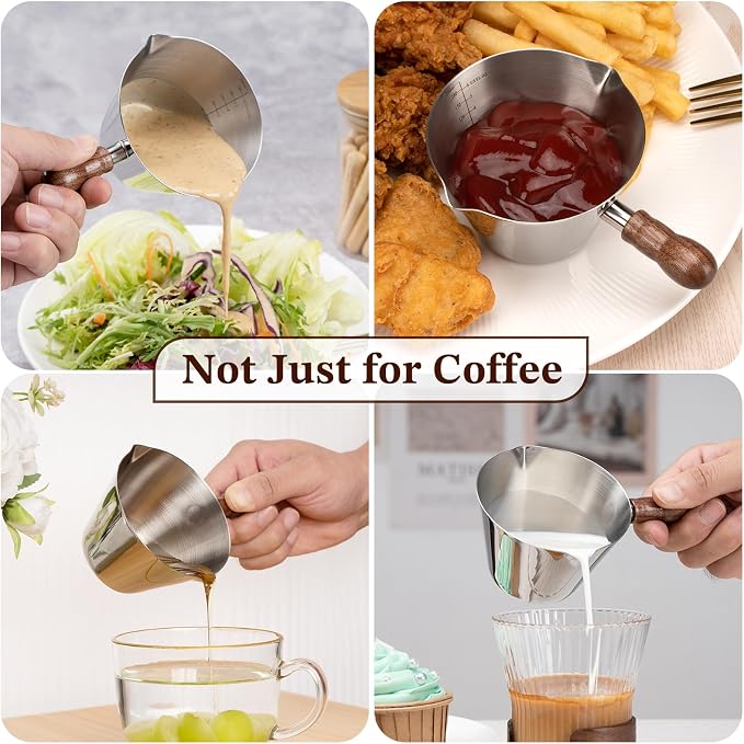 Amrules Espresso Cup, 6.8 oz/200 ml Stainless Steel Coffee Shot Measuring Cup with Wood Handle, Double V-Shaped Mouth and Clear Scale for Cappuccino Barista Coffee Bar Accessories, Silver - Image 7