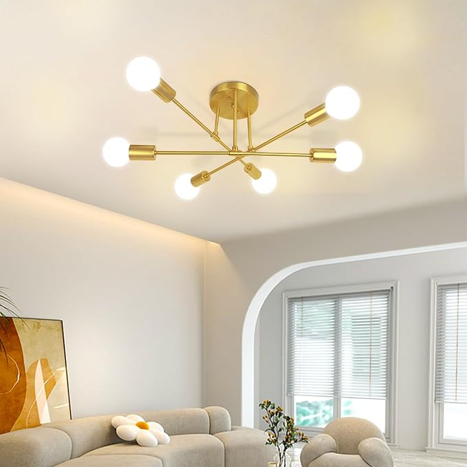 CANMEIJIA Modern Sputnik Chandelier, Ceiling Light Fixture Flush Mount 6-Lights Gold Chandeliers for Living Room Bedroom Dining Room Kitchen, Mid Century Chandeliers, E26 Base, Bulbs Not Included - Image 8
