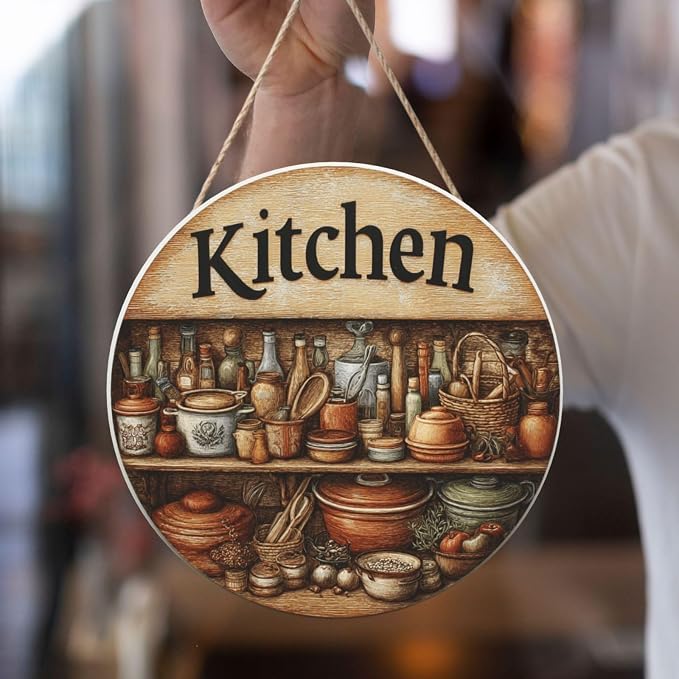Rustic Kitchen Pantry Wooden Plaque, 12inch Round Wall Decor With Tiered Shelves, Copper, Jars & Utensils, Kitchen Door Hanging Art, Home Decoration Artworks Create An Atmosphere - Image 8