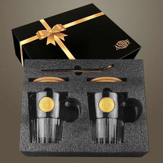Vintage Glass Coffee Mugs Set of 2, 15oz Embossed Glass Coffee Cups with Bamboo Lids and Spoons, Handmade Clear Tea Cups with Handle and Gift Box - for Cappuccino, Latte, Milk