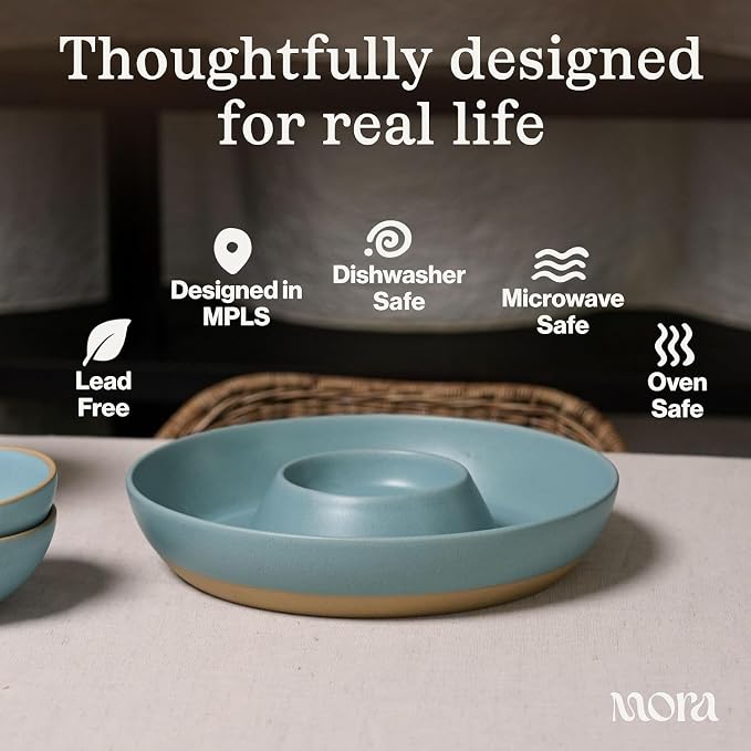 MORA Ceramic Chips and Dip Serving Tray: Large Divided Party Bowl Set for Chips & Salsa, Veggies & Dip, Fruit, Snacks, Entertaining, Hosting, etc. Minimalist Design for the Modern Hostess - Nebula - Image 3