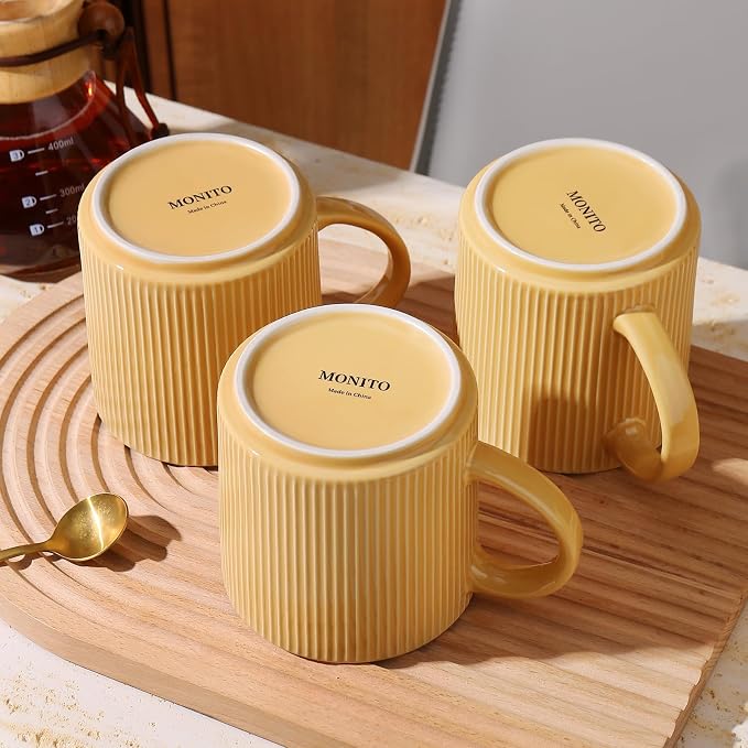MONITO 16Oz Coffee Mugs Set of 6, Rustic Ceramic Coffee Cups Set with Large Handle, Vintage Striped Stoneware Coffee Mugs for Latte, Cocoa, Tea, Milk, Microwave & Dishwasher Safe, Lemon Yellow - Image 7