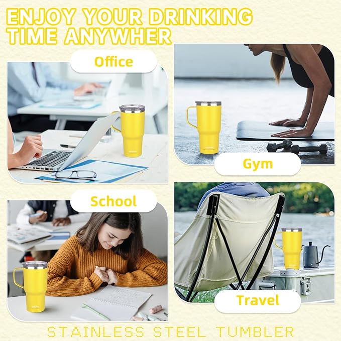 20 oz Insulated Coffee Mug with Ceramic Coating, Stainless Steel Travel Mug Tumbler with Handle Lid and Straw, Double Wall Leak-Proof Coffee Travel Mug Keeps Drink Hot and Cold (Yellow) - Image 7