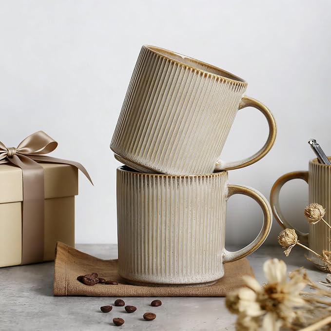 MONITO 16Oz Coffee Mugs Set of 4, Rustic Ceramic Coffee Cups Set with Large Handle, Vintage Striped Stoneware Coffee Mugs for Latte, Cocoa, Tea, Milk, Microwave & Dishwasher Safe, Bonbon Beige - Image 9