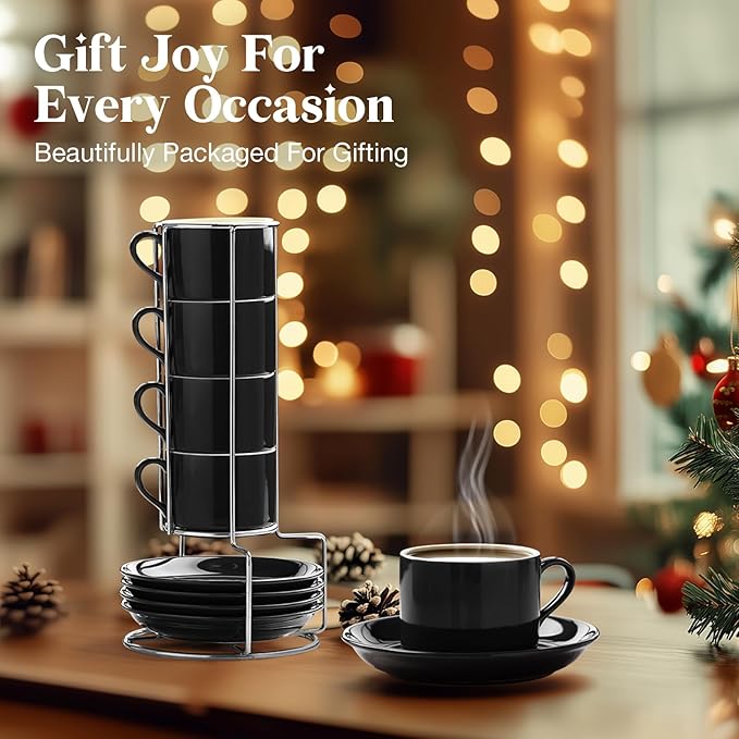 5 Ounce Black Porcelain Stackable Espresso Cups with Stainless Steel Holder, Set of 4, Durable Ceramic, Perfect for Home, Office or Gift