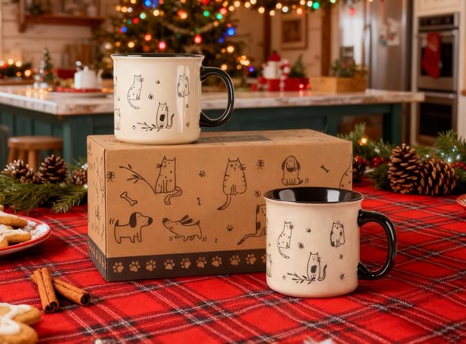 AmorArc 22 OZ Large Ceramic Coffee Mugs Set of 2, Oversized Mugs With Big Handle for Men Women Dad Mom, Big Mug With Textured Dogs Cats Patterns for Office & Home -Microwave Safe, 2 Pcs-Black - Image 8