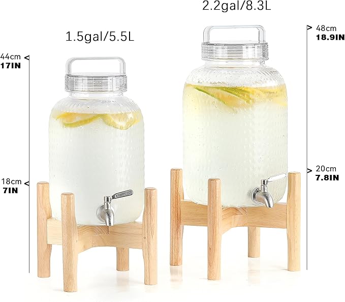 EGGKITPO 2.2 Gallon Drink Dispensers with 304 Stainless Steel Spigot for Parties Lemonade Dispenser with Wood Bracket Clear Cover Polycarbonate Beverage Dispenser for Home Use and Laundry Room