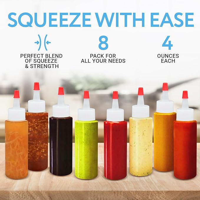 IMPRESA 4 oz Plastic Squeeze Bottles - Clear, Pack of 8 Mini Squeeze Bottles for Sauces & Condiment Dispensers - Cookie Decorating Supplies