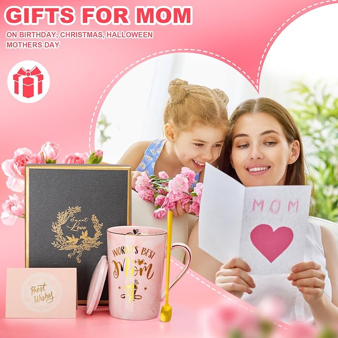 Birthday Gifts for Mom from Daughter Son Kids - Funny Birthday Gift Ideas for Mothers Wife Women - 14Oz Marble Ceramic Best Mom Coffee Mug with Lid Spoon Card, Box, Unique Moms Cup Gifts-Boxed Set | Unique Mom gifts Pink Marble Ceramic Cup With Lid Spo... - Image 6