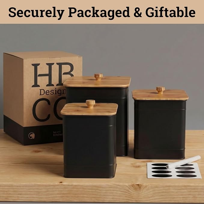 Kitchen Canisters for Countertop Set of 3 w/ Chalkboard Labels & Marker Pen | Airtight Easy Open Bamboo Lids, Dent-Resistant Thick Metal, Customizable Chalkboard Labels, Marker Pen Included, Set of 3 - Image 9