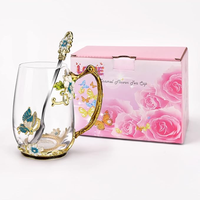 OEAGO Birthday Gifts for Women Mom Glass Coffee Enamels Mug Best Mothers Day Butterfly Gifts for Her from Daughter Son Lead-Free Christmas Tea Cup with Spoon Sets - Image 7