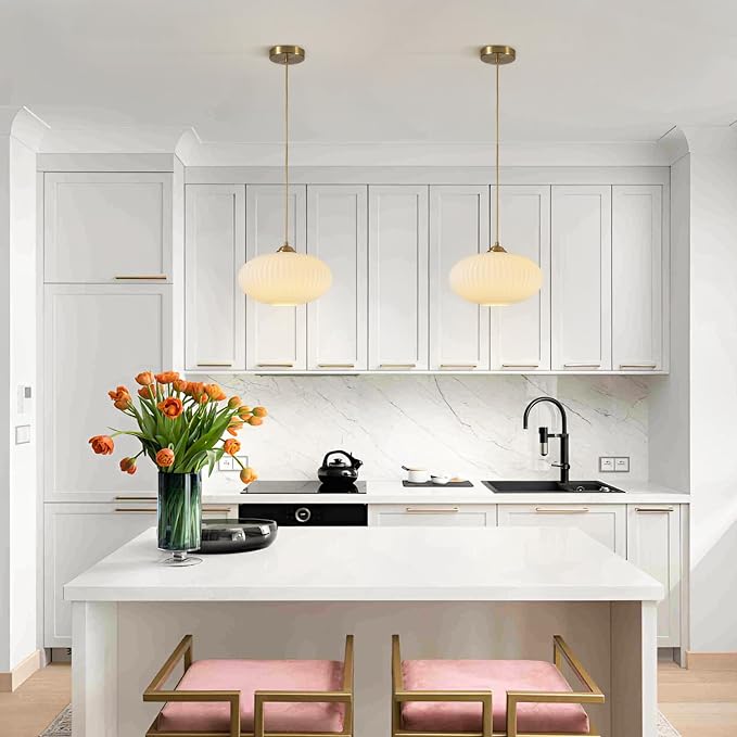 KCO Lighting Modern Gold Brass 9.8" White Milk Ribbed Glass Pendant Light | E26 Hardwired Adjustable Cord Ceiling Light for Sloped Ceiling Mid Century Hanging Lamp for Kitchen Island Dining Room - Image 7