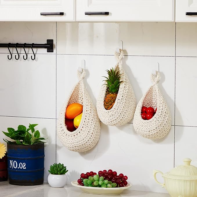 Honeydak Boho Decor Hanging Wall Baskets for Kitchen 3 Pack Teardrop Baskets with Hooks Storage Fruit Onion Vegetable Potato for Home 3 Sizes(White,Teardrop,Cotton Rope) - Image 6