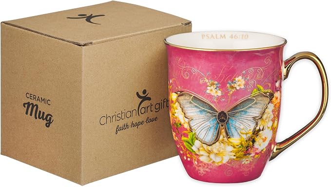 Christian Art Gifts Pink Butterfly Ceramic Coffee Mug with Gold Accents – 14 oz. Lead and Cadmium-free Inspirational Scripture Coffee and Tea Mug for Women with Bible Verse: Be Still – Psalm 46:10 - Image 6