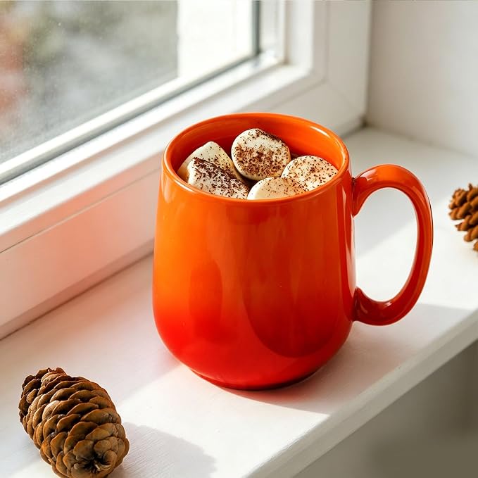HASENSE Set of 4 Ombre Coffee Mugs, 15oz Large Ceramic Cups – Dishwasher & Microwave Safe, Orange Gradient Cappuccino Latte Tea Handle Cup, Housewarming Gift - Image 7
