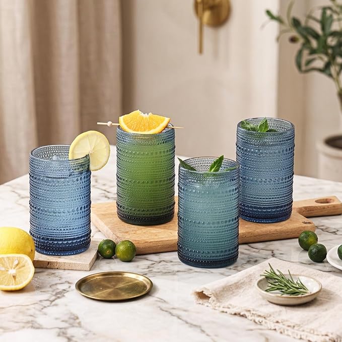 Moretoes 15oz Blue Vintage Hobnail Drinking Glasses Set of 6 | Highball Glass Cups, Kitchen Drinkware Glassware for Beer,Cocktail,Whiskey,Juice and Various Mixed Drinks - Image 7