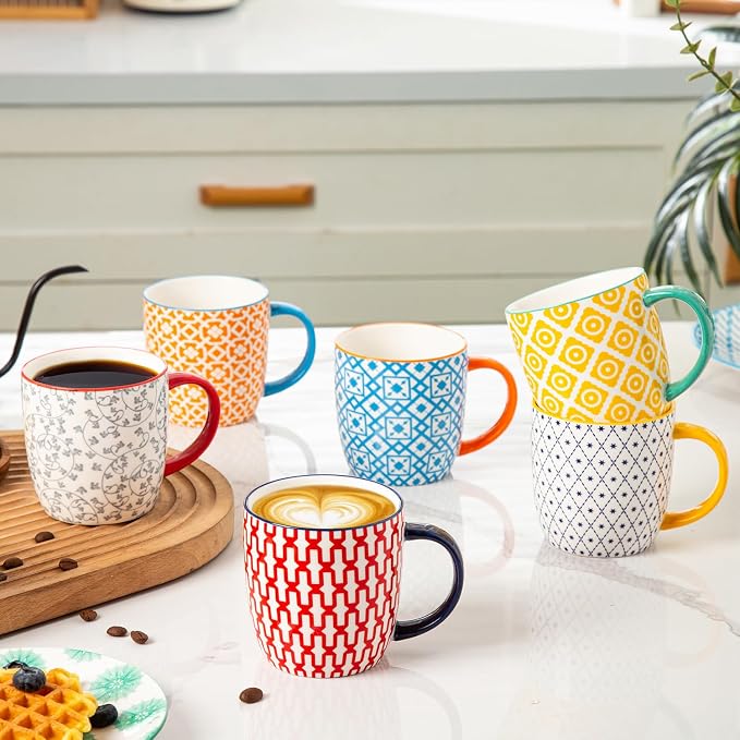 Ceramic Coffee Mugs Set - 10 Oz Large Porcelain Tea Cups with Handle for Milk Cappuccino Latte Tea Cocoa - Microwave Dishwasher Safe - Christmas Housewarming Gift -Set of 6 - Assorted Colors - Image 8