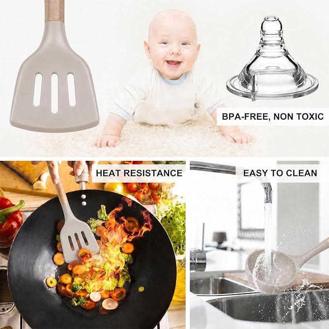 MIBOTE Silicone Cooking Kitchen Utensils Set, Wooden Handle, Khaki | BPA-Free, Non-Toxic Silicone Turner, Tongs, Spatula, Spoon Set – Great for Nonstick Cookware, Heat-Resistant, Easy Clean - Image 6