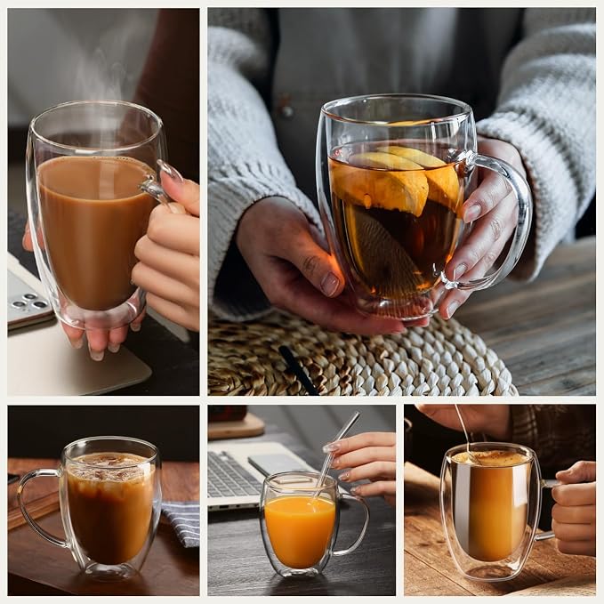 DINGPAI 15 oz Double Walled Glass Coffee Mugs, Large Coffee Mug with Handle | Borosilicate Glass, Insulation, Dishwasher Safe, Clear Glass Cups with Spoon for Latte, Cappuccino, Espresso, Americano - Image 8