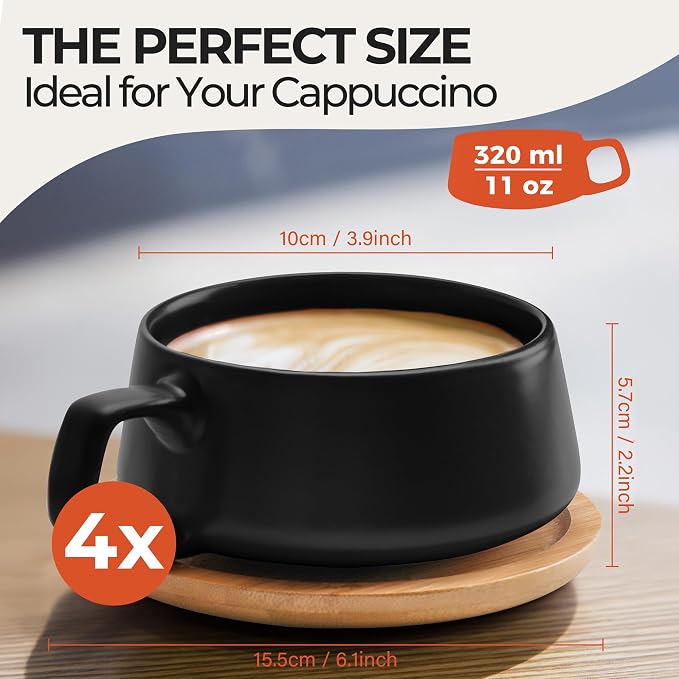 MIAMIO - Cappuccino Cup Set of 4, Ceramic (11oz), Wide - Luxe (Black) | Ceramic cappuccino cups and saucers, wide latte cups and mugs for Americano, 4-piece set of ceramic cups, dishwasher safe - Image 6