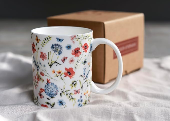 Maison d' Hermine Coffee Mug with Handles Tea Cups (12 Ounce, Pack of 1) | Fine Bone China Coffee Mugs for Hot Beverages Cappuccino Latte Home Restaurant Spring Summer -Just Floral - Blues 'N Redz - Image 9