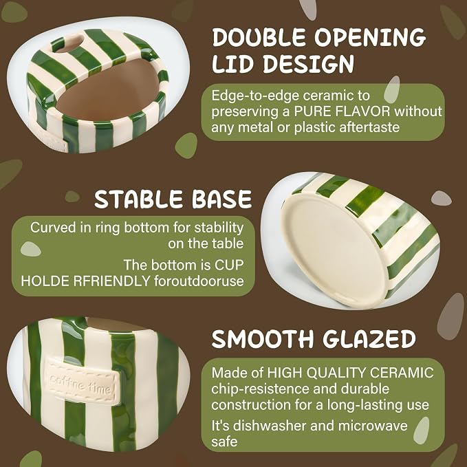 2 Pack Ceramic Coffee Mug with Sip Hole Espresso Cup 10oz with Straws Retro Hand Painted Striped Ceramic Iced Coffee Tea Travel Mug Latte Cup for Kitchen Dining (Simple,Green,Brown) - Image 7