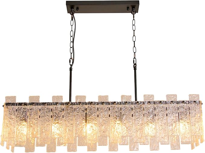 Modern Rectangle Black Crystal Chandeliers for Dining Room, L39" Large Rectangular Water Ripple Glass Island Light Fixture, 6-Lights Hanging Pendant Light for Kitchen Island, Living Room - Image 9