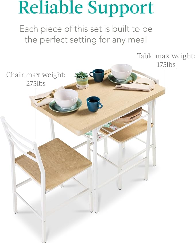 Best Choice Products 3-Piece Modern Dining Set, Space Saving Dinette for Kitchen, Dining Room, Small Space w/Steel Frame, Built-in Storage Rack - Natural/White - Image 7
