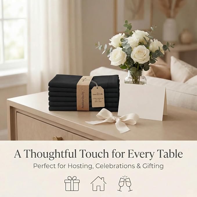 Urban Villa Hemstitch Cloth Dinner Napkins Cotton 20”x20” (Set of 12)-Black - Image 9